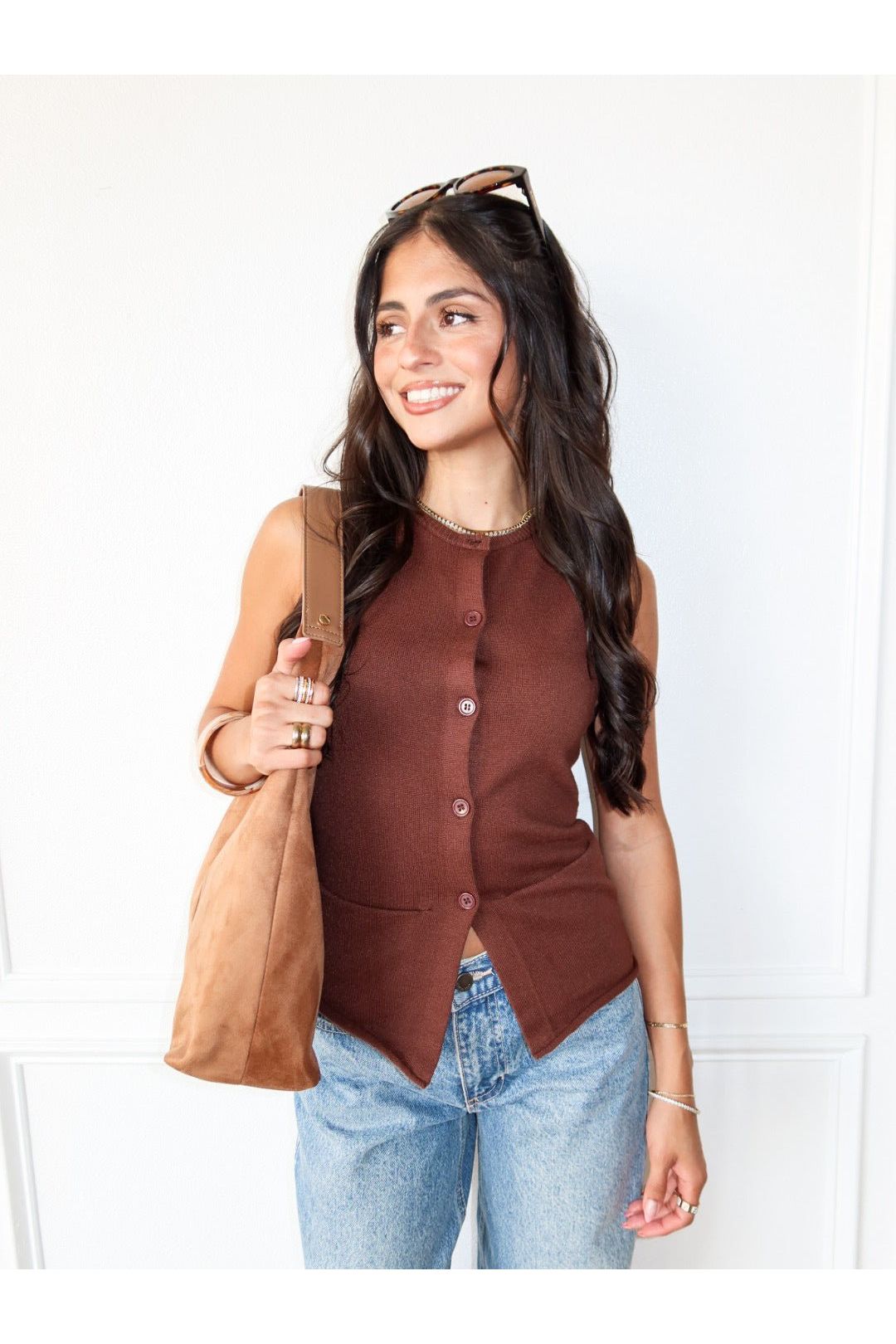 Buttoned Up Sleeveless Sweater - Brown - Keepsake